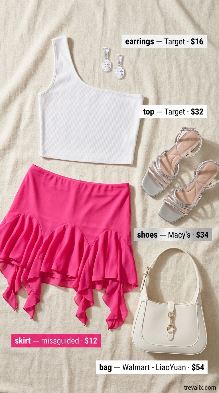 Fun Skirt Outfits 2026: Girls' Night Out Fun hot pink asymmetrical skirt outfit for summer 2026, great for girls' night out.