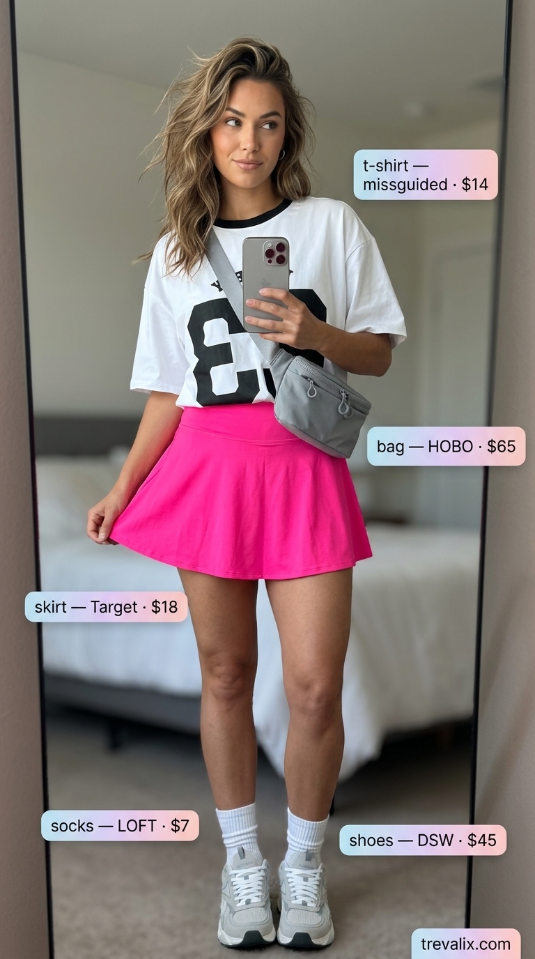 Playful hot pink tennis skirt outfit for summer 2026, great for festivals and casual hangouts.