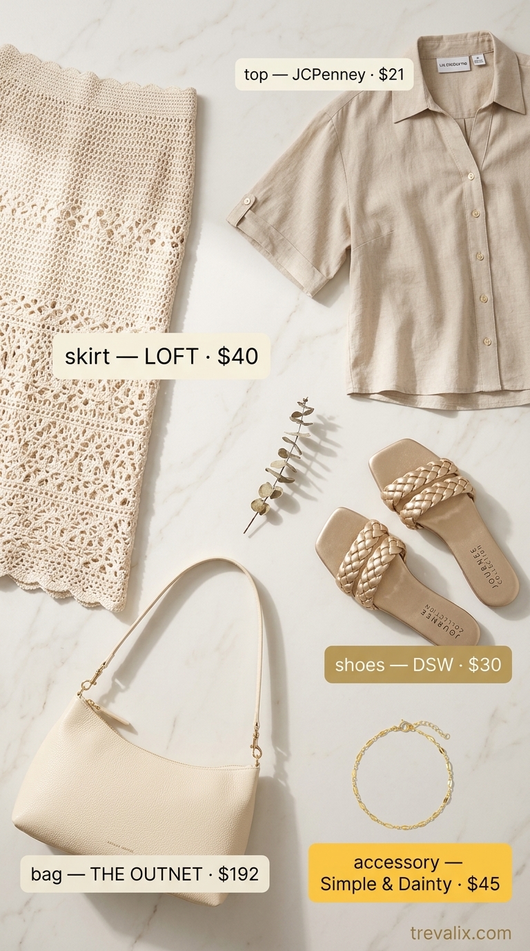 Summer Skirt Outfits 2026: Lakeside Dinner Cream crochet knit midi skirt outfit for lakeside dinner 2026. Beige blouse, leather bag, gold jewelry.