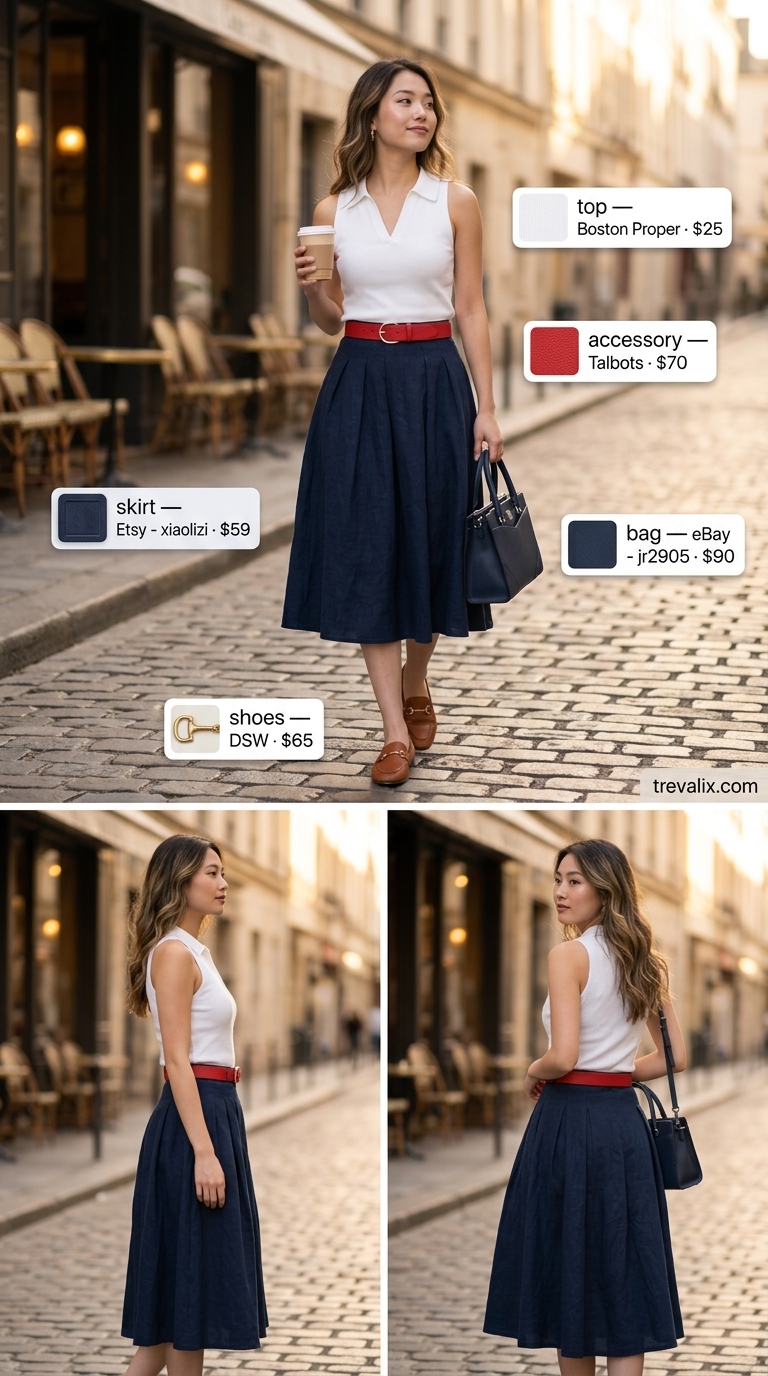 Polished Skirt Outfits 2026: Office Style Polished navy pleated midi skirt outfit for summer 2026, great for casual office or lunch.