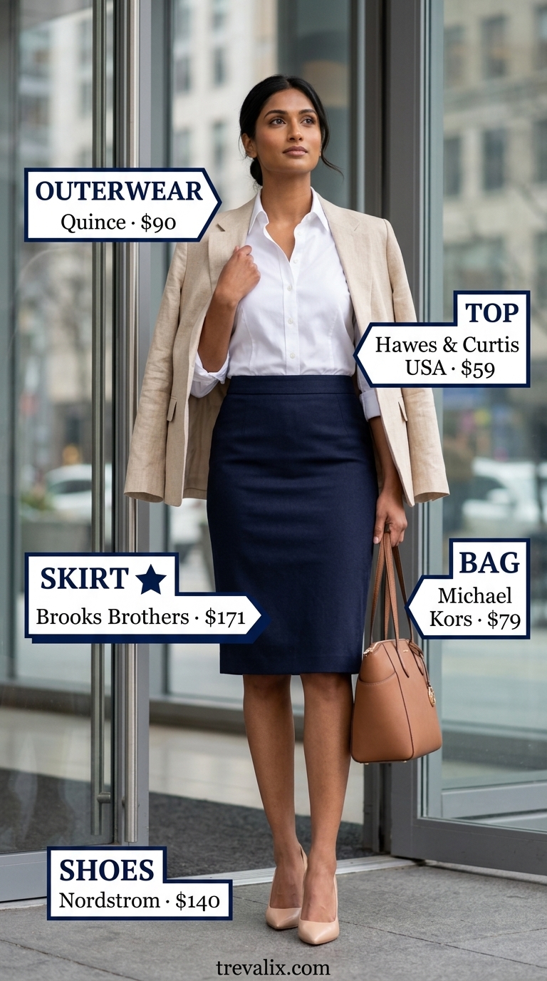 Summer Skirt Outfits 2026: Office Chic Navy pencil skirt outfit for summer business casual meetings 2026. White shirt, tan blazer, pumps.