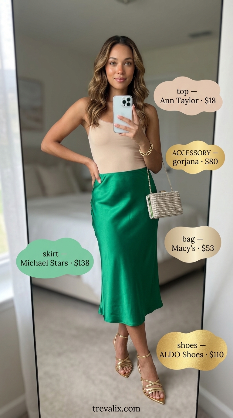 Summer Skirt Outfits 2026: Poolside Glam Emerald green satin slip skirt outfit for poolside glamour 2026. Nude camisole, gold clutch.