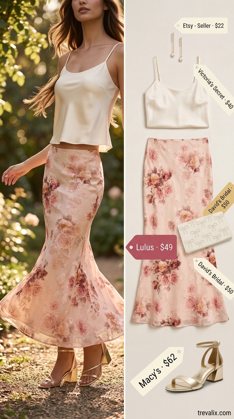 Elegant Skirt Outfits 2026 Blush pink floral silk slip midi skirt outfit for summer wedding guest, date night, cocktail party. Summer skirt outfits ideas 2026.