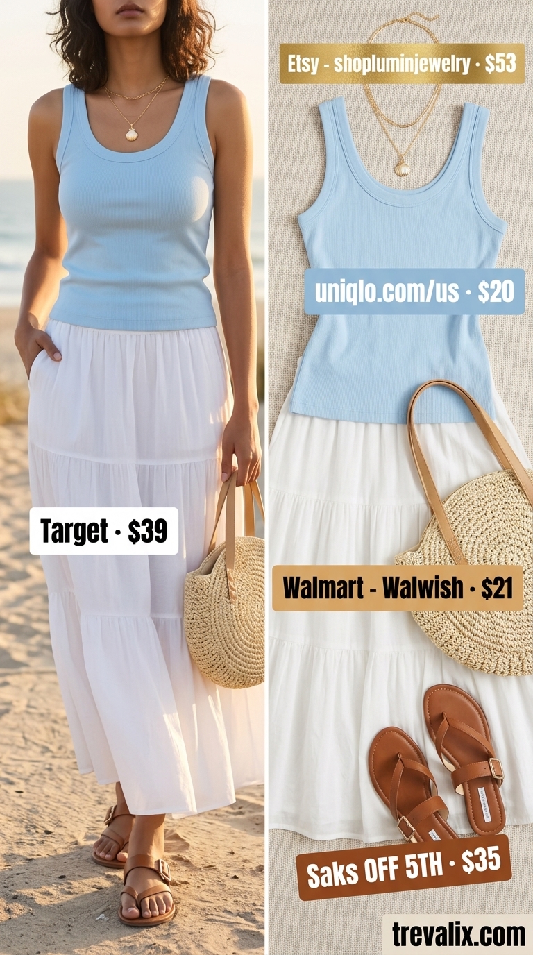 Beach Skirt Outfits 2026 Crisp white linen maxi skirt outfit for beach day, summer brunch, resort wear. Summer skirt outfits ideas 2026.