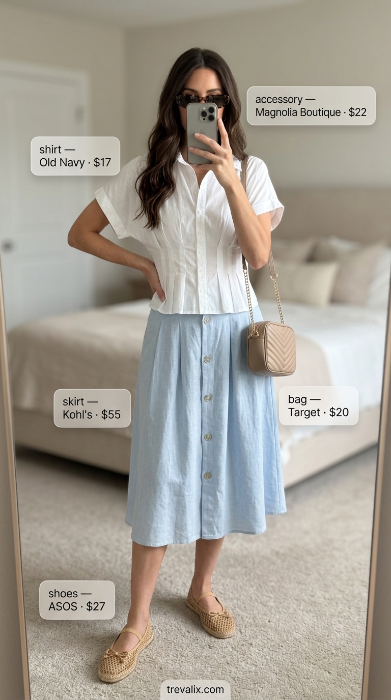 Classic Skirt Outfits 2026: Luncheon Style Classic sky blue midi skirt outfit for summer 2026, perfect for luncheons and boat trips.