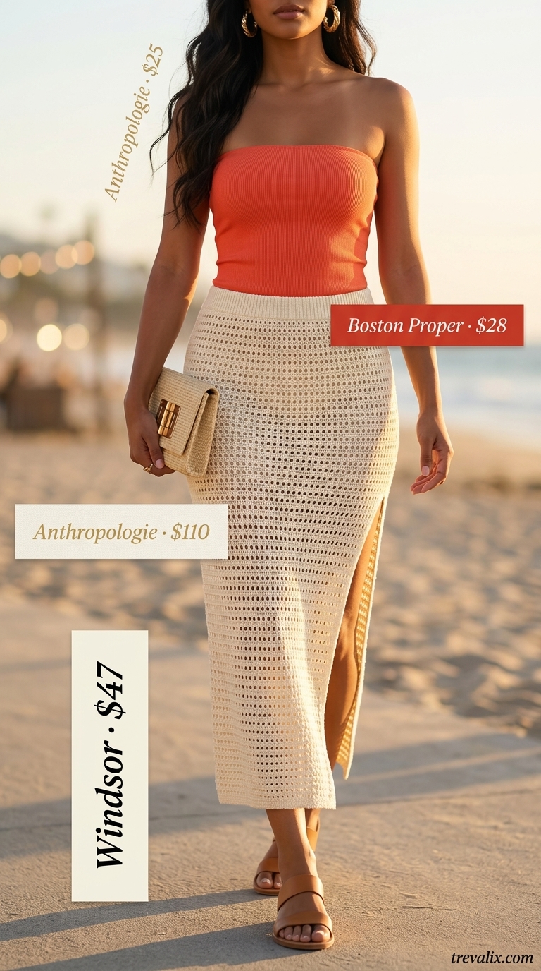 Maxi Skirt Outfits 2026 Ivory crochet maxi skirt outfit for beach party, resort evening, vacation glamour. Summer skirt outfits ideas 2026.