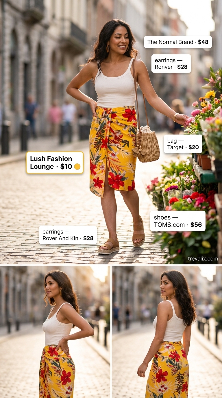 Summer Skirt Outfits 2026: Tropical Getaway Tropical print wrap skirt outfit for getaway 2026. Orange, yellow, ecru tank, straw bag.