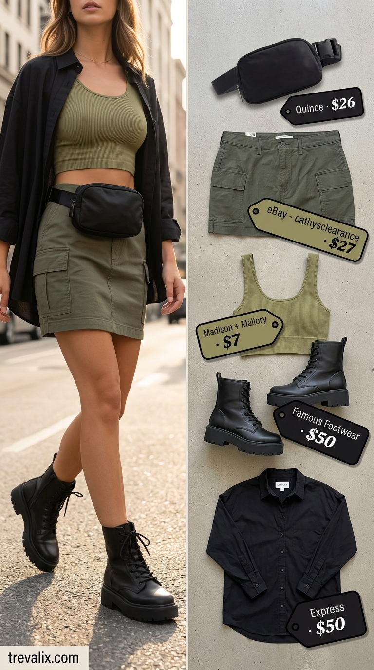 Cargo Skirt Outfits 2026 Khaki cargo mini skirt outfit for urban exploration, city sightseeing, festival. Summer skirt outfits ideas 2026.