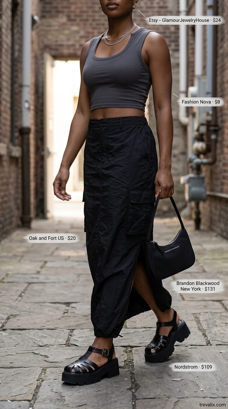Edgy Skirt Outfits 2026 Black cargo maxi skirt outfit for city sightseeing, casual day out, edgy style. Summer skirt outfits ideas 2026.
