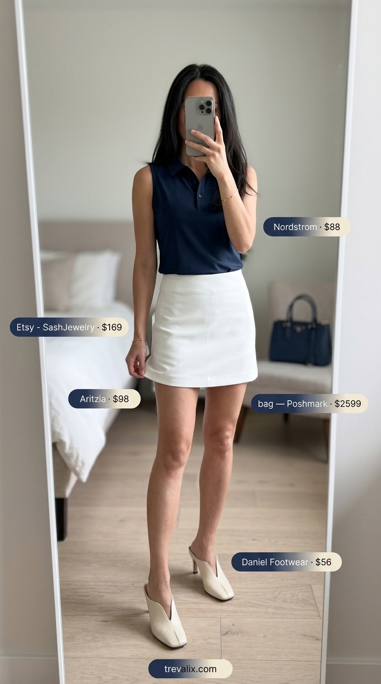Sophisticated Skirt Outfits 2026: Resort Style Sophisticated white tailored mini skirt outfit for summer 2026, ideal for resort lunch.