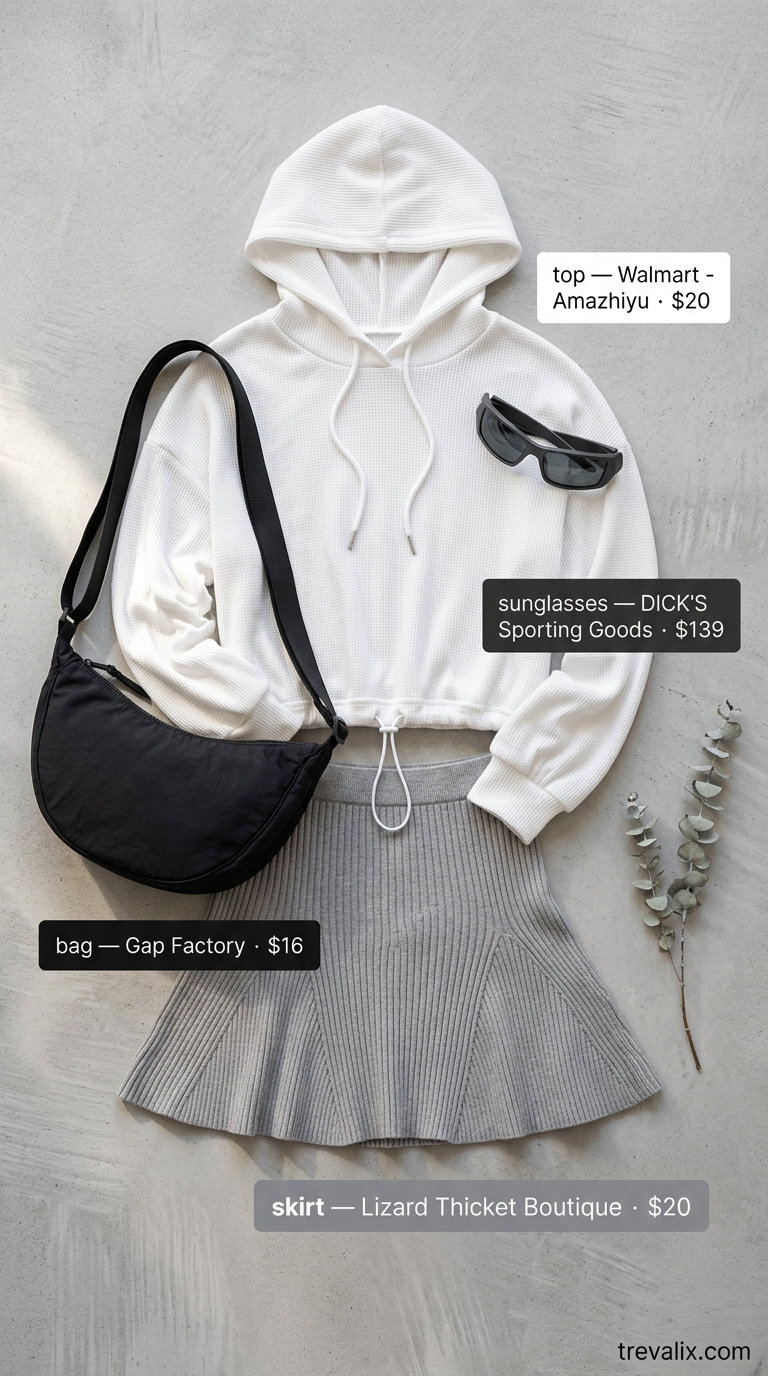 Athleisure Summer Slit Skirt Outfit: Grey knit mini skirt, cropped hoodie, platform sneakers, and crossbody bag.