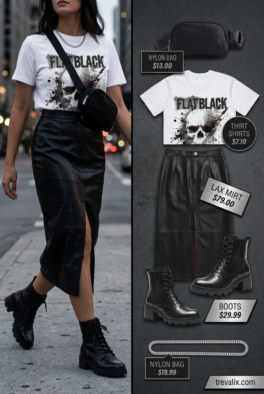 Urban Summer Slit Skirt Outfits for Women 2026: Black faux leather skirt, band tee, combat boots, utility bag.