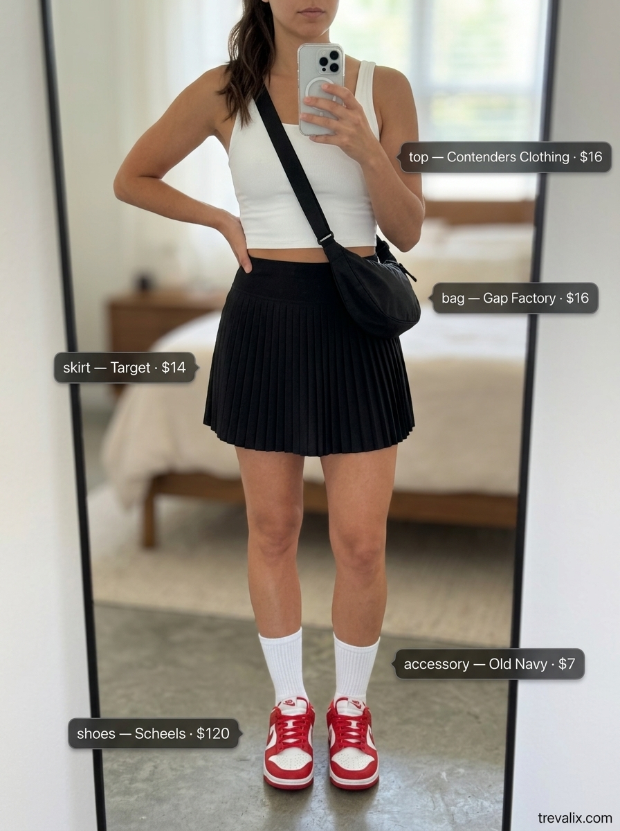 Sporty Summer Slit Skirt Outfits for Women 2026: Black pleated mini skirt, graphic tee, retro sneakers, crossbody bag.