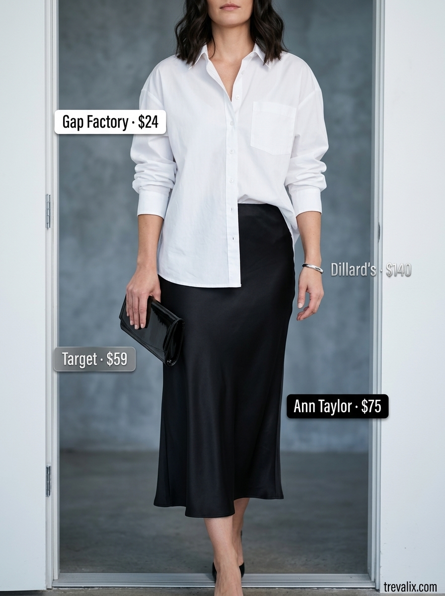 Chic Summer Slit Skirt Outfits for Women 2026: Black satin midi skirt, white button-down, stiletto heels, clutch.