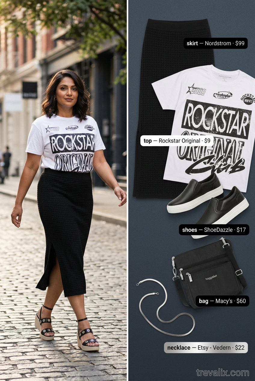Black slit midi skirt, graphic tee & platform sneakers. Summer Slit Skirt Outfits for Women 2026.