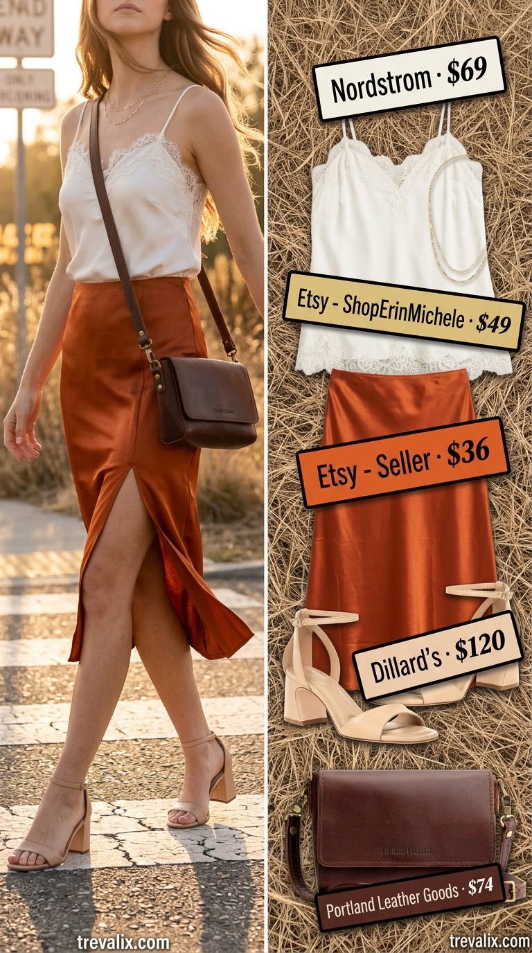 Romantic Summer Slit Skirt Outfits for Women 2026: Burnt orange flowy skirt, cream camisole, block heels, gold necklaces.