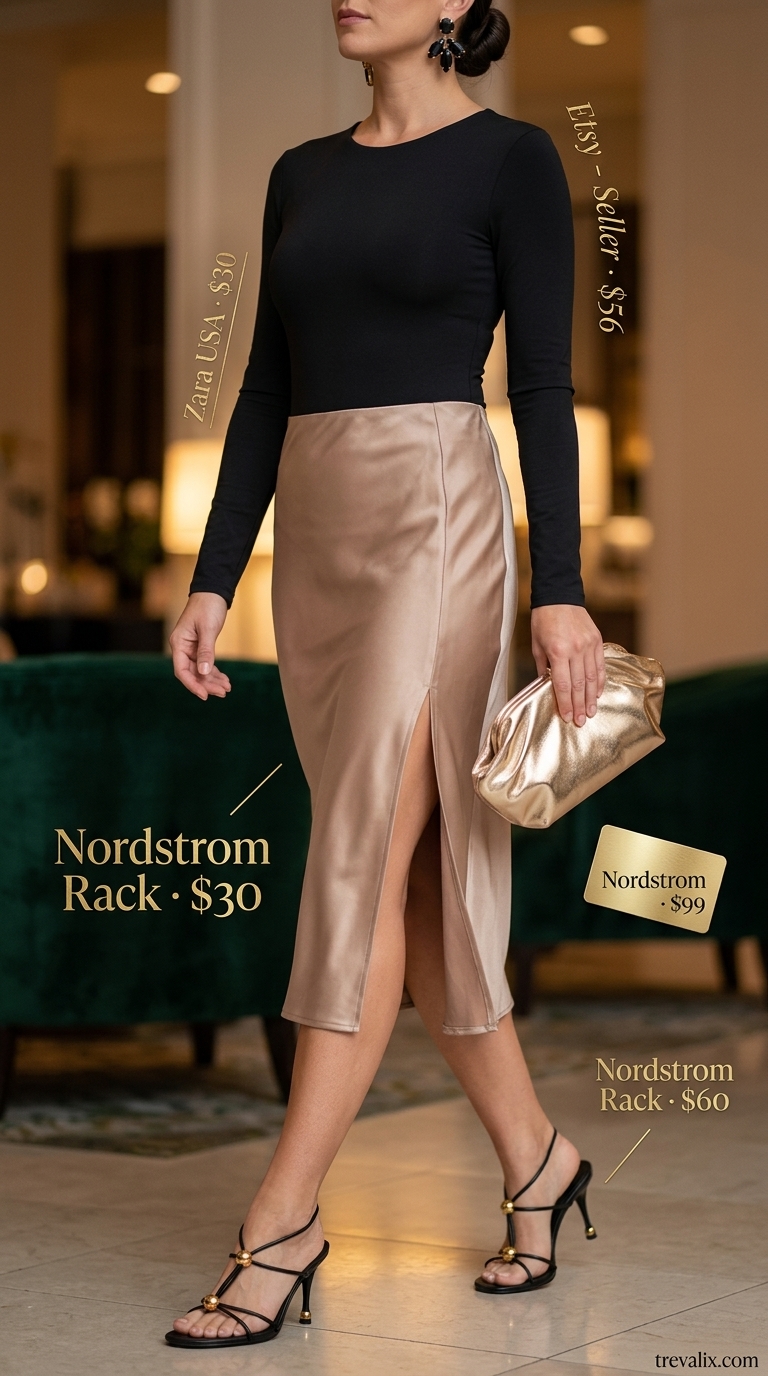 Elegant Summer Slit Skirt Outfit: Champagne satin midi skirt, black long-sleeve bodysuit, and strappy black heels.