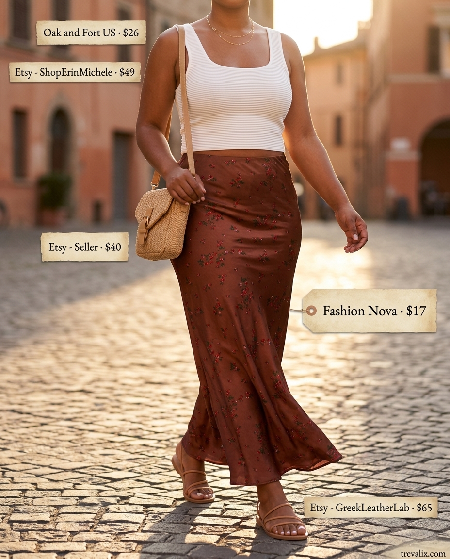 Bohemian Summer Slit Skirt Outfits for Women 2026: Floral maxi skirt, ribbed crop top, flat sandals, straw bag.