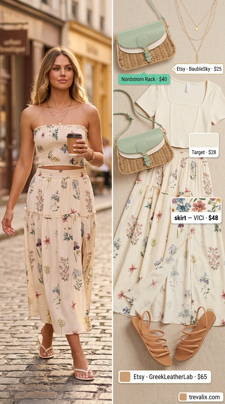 Floral maxi skirt with slit, white crop top & sandals. Summer Slit Skirt Outfits for Women 2026.
