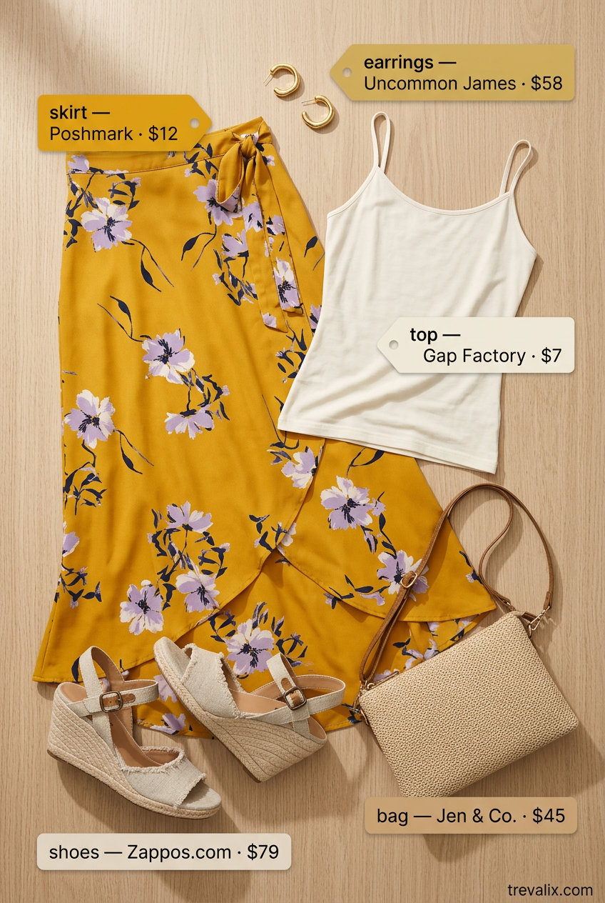 Mustard floral wrap skirt, cream tank & espadrilles. Summer Slit Skirt Outfits for Women 2026.