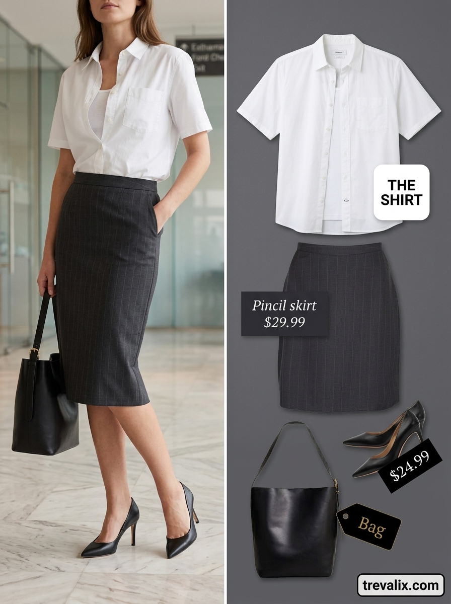 Professional Summer Slit Skirt Outfits for Women 2026: Grey pencil skirt, white button-down, classic pumps, tote bag.