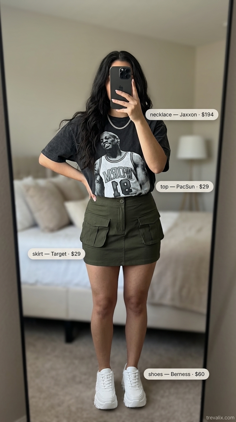 Streetwear Summer Slit Skirt Outfits for Women 2026: Khaki cargo mini skirt, oversized graphic tee, chunky sneakers.