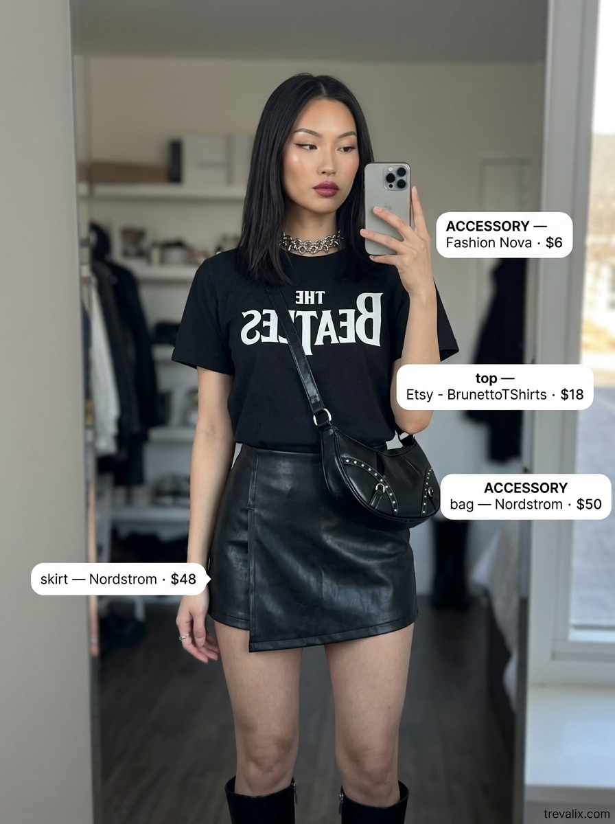 Edgy Summer Slit Skirt Outfit: Black faux leather mini skirt, band tee, combat boots, and silver choker.