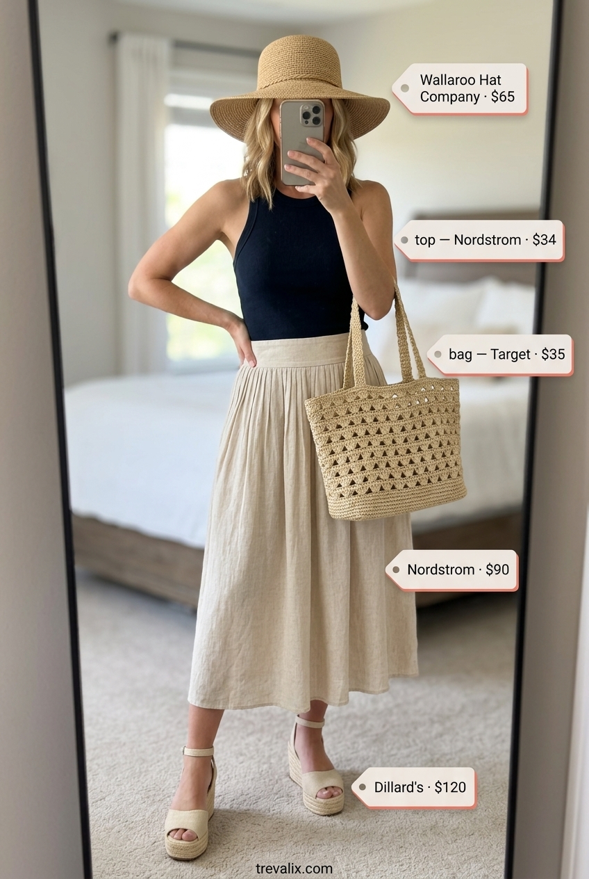 Casual Summer Slit Skirt Outfit: Cream linen midi skirt, navy tank, espadrille wedges, and straw hat.