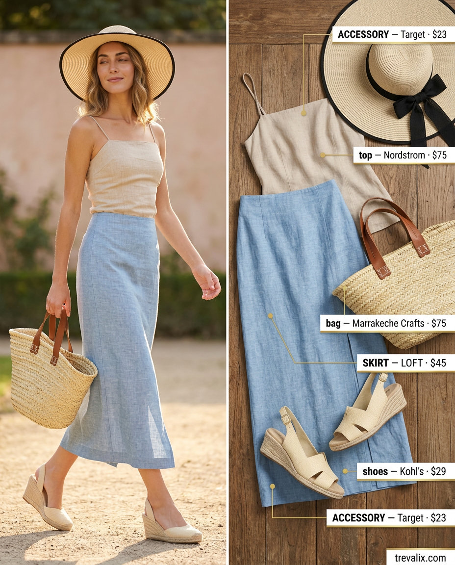 Resort Summer Slit Skirt Outfits for Women 2026: Light blue linen skirt, cream linen top, espadrilles, straw hat.