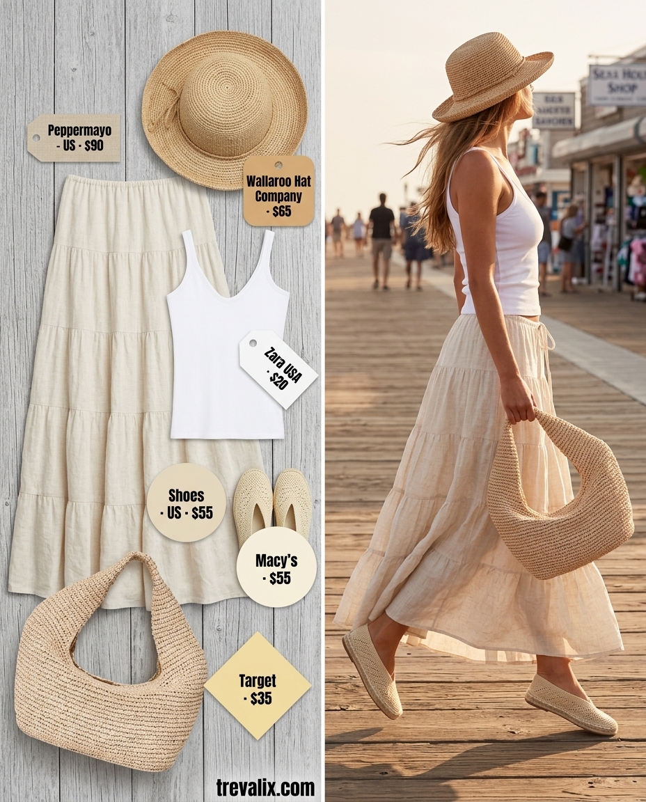 Coastal Summer Slit Skirt Outfit: Beige linen maxi skirt, white knit tank, espadrilles, and straw hat.