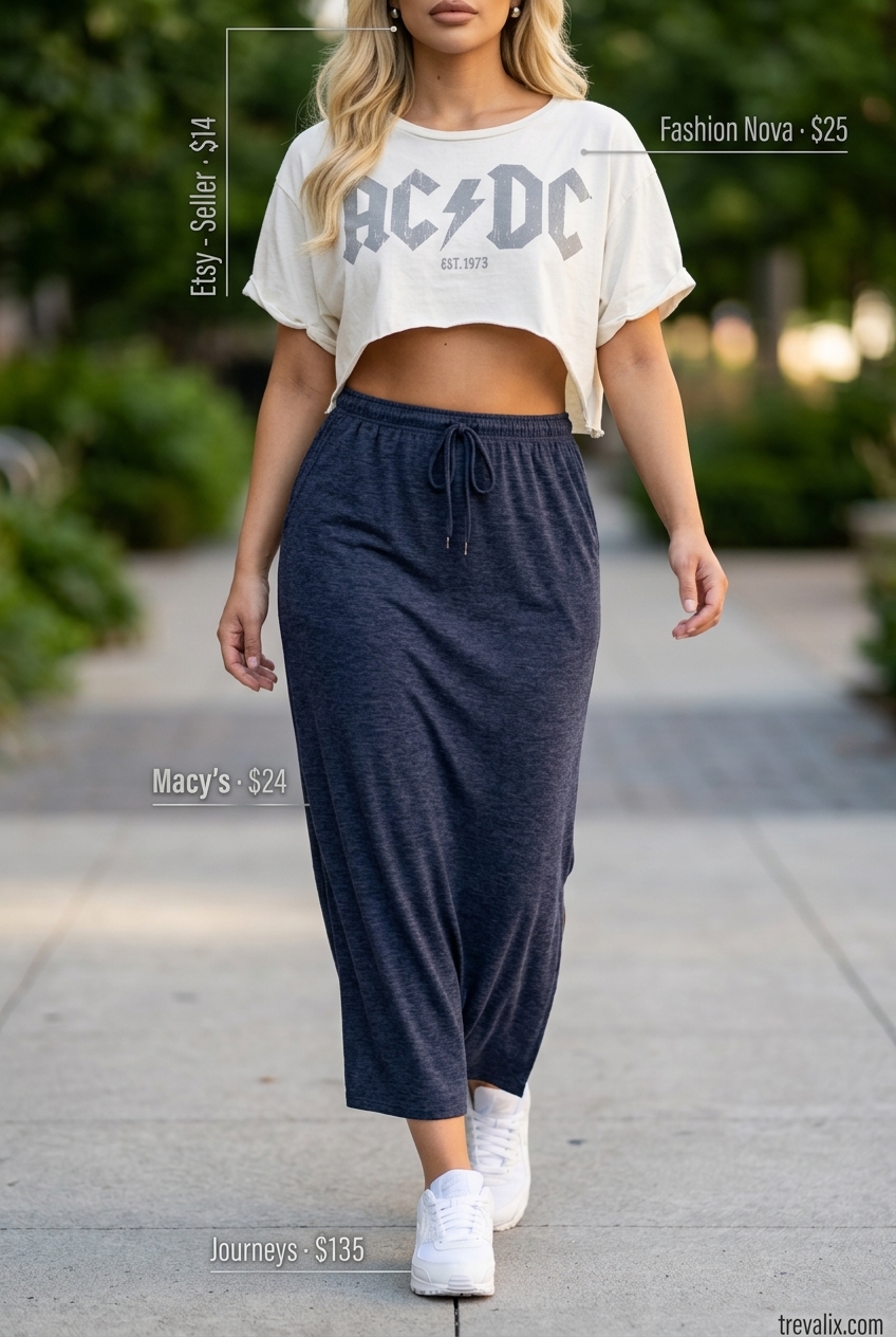 Sporty Summer Slit Skirt Outfits for Women 2026: Navy blue athletic skirt, white crop top, white sneakers, silver belt bag.