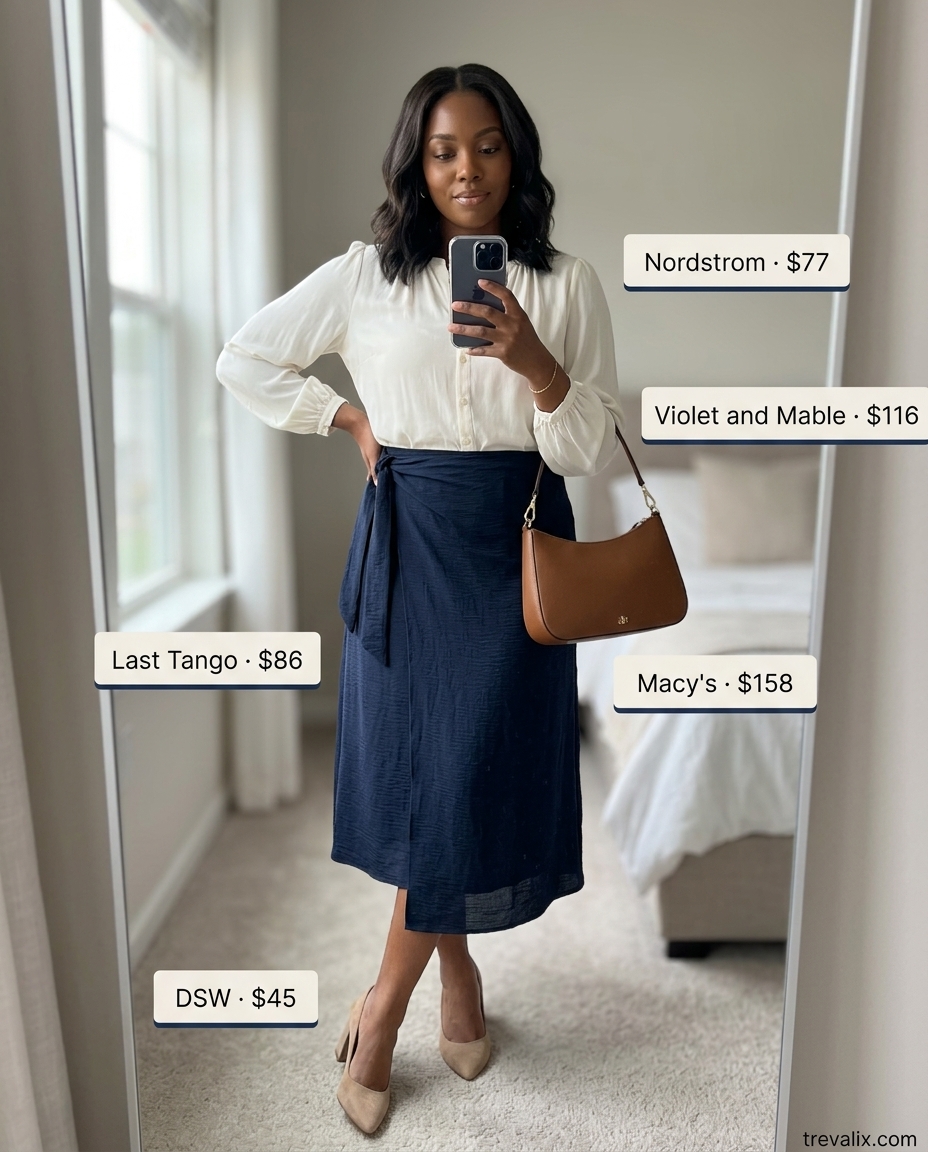Navy wrap midi skirt, cream blouse & block heels. Summer Slit Skirt Outfits for Women 2026.