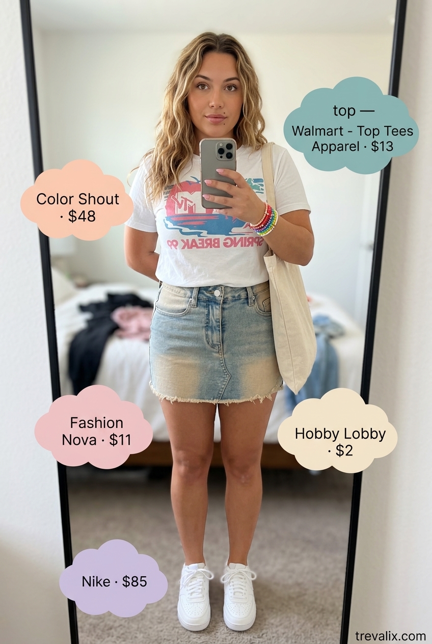 Hot pink denim mini skirt, graphic tee & white sneakers. Summer Slit Skirt Outfits for Women 2026.