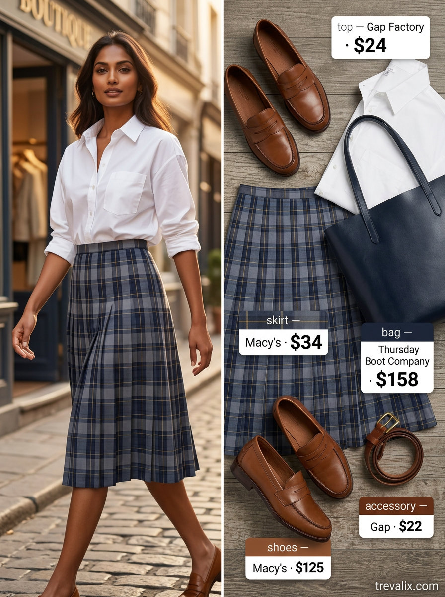 Navy plaid midi skirt, white shirt & loafers. Summer Slit Skirt Outfits for Women 2026.