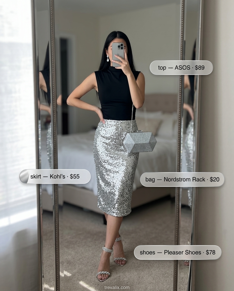 Silver sequin pencil skirt with slit, black bodysuit & heels. Summer Slit Skirt Outfits for Women 2026.
