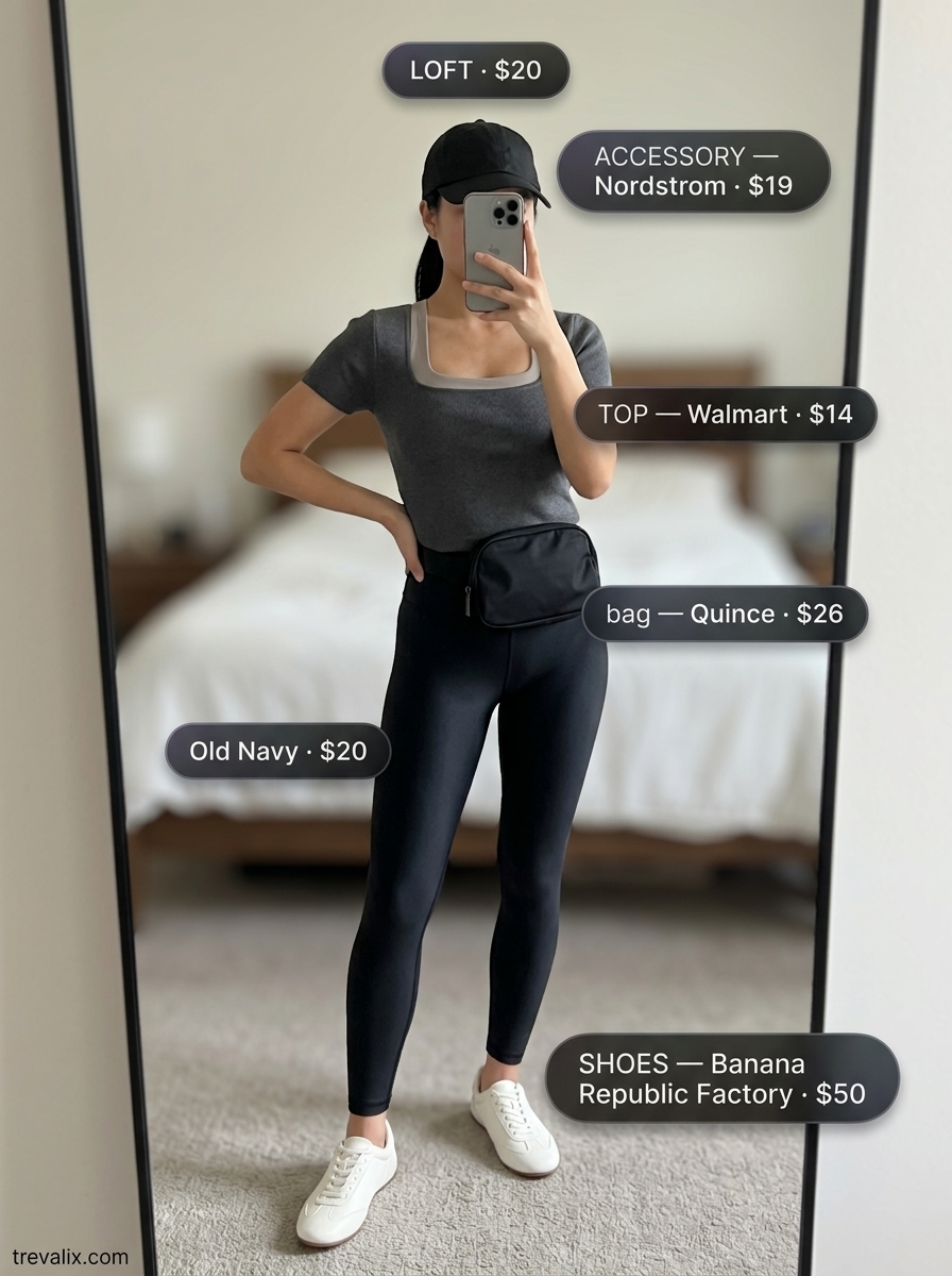 Elevated athleisure outfit featuring a charcoal grey square neck sports bra, black leggings, and white sneakers for 2026.