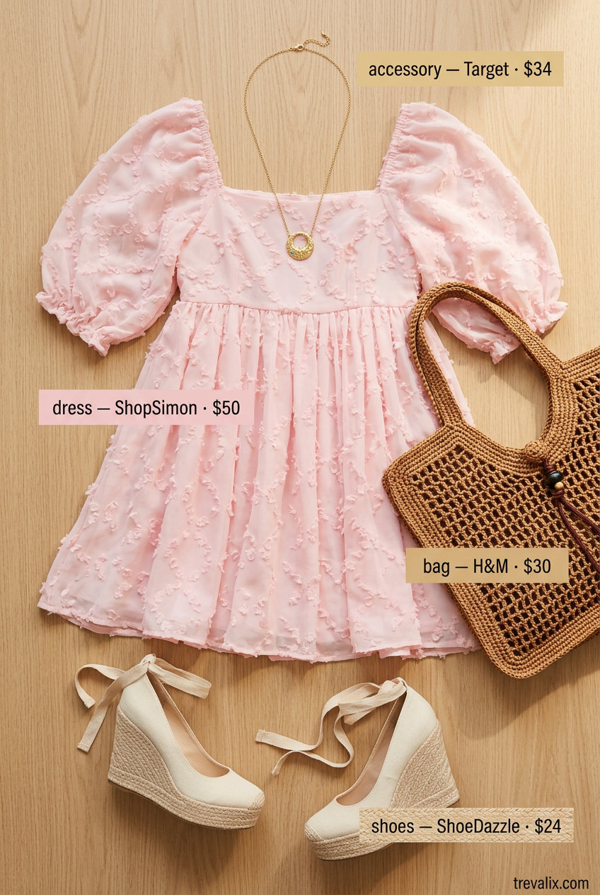 Feminine garden party dress with square neckline in pastel pink, perfect for summer brunch 2026.