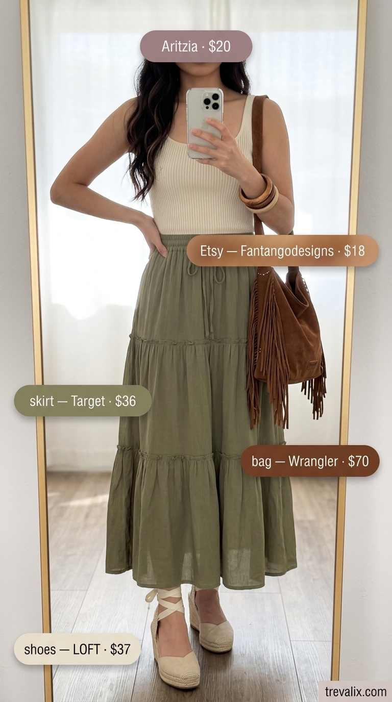 Boho summer evening square neck outfit: olive tiered maxi skirt, cream knit top, brown fringe bag, espadrilles.