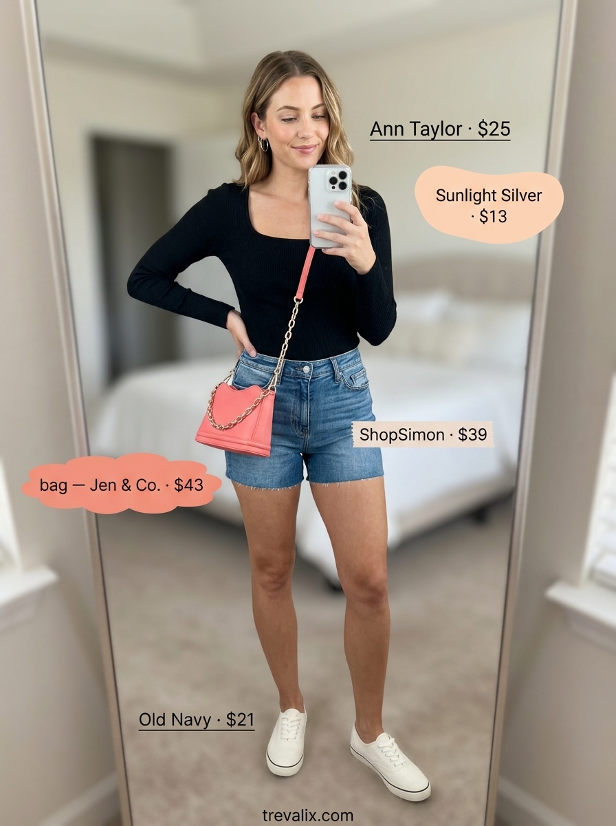 Casual summer outfit with a white square neck tank top, denim shorts, and coral crossbody bag for 2026.