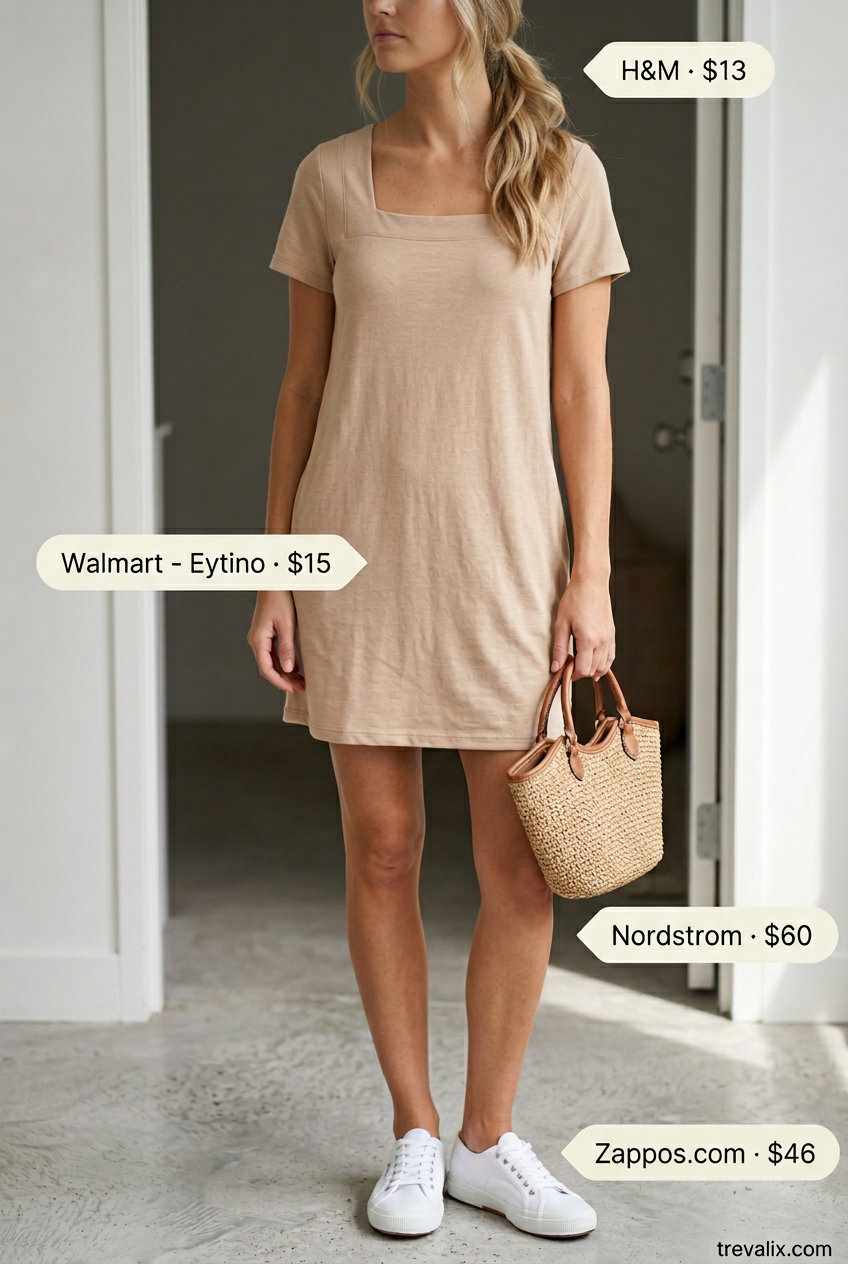 Casual comfort square neck dress outfit: beige t-shirt dress, white sneakers, beige cap. Ideal for errands.