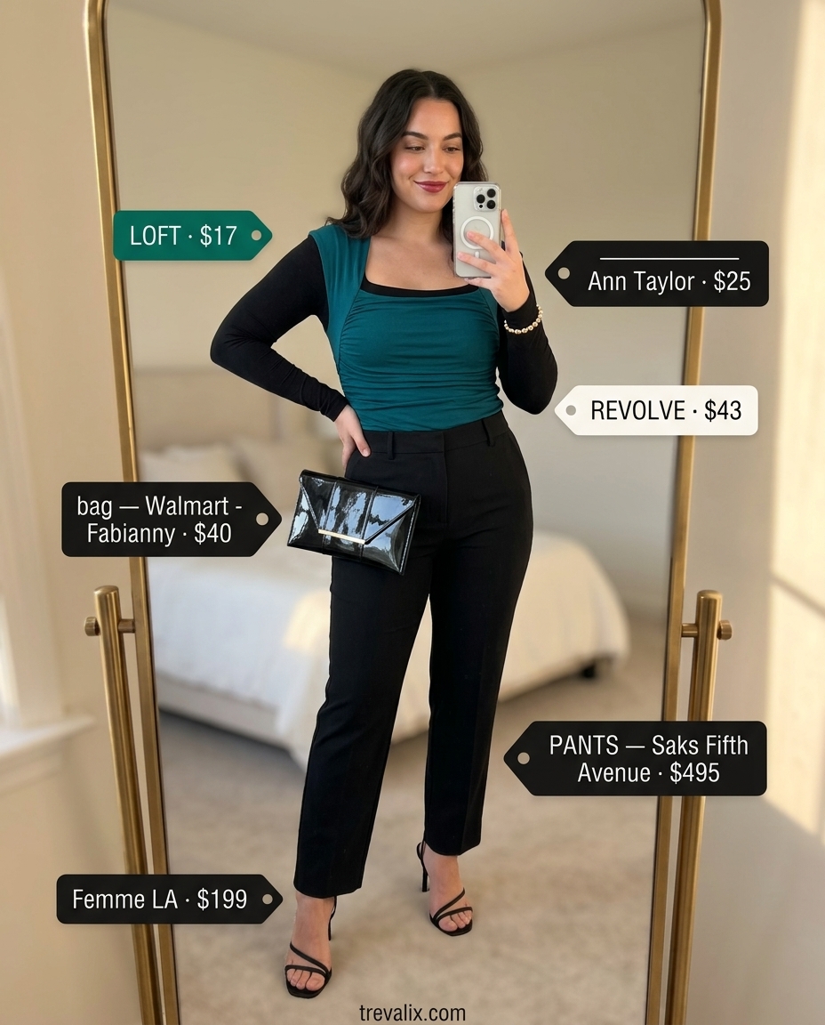 Emerald green square neck crop top with black tailored pants for a romantic sunset dinner date outfit.