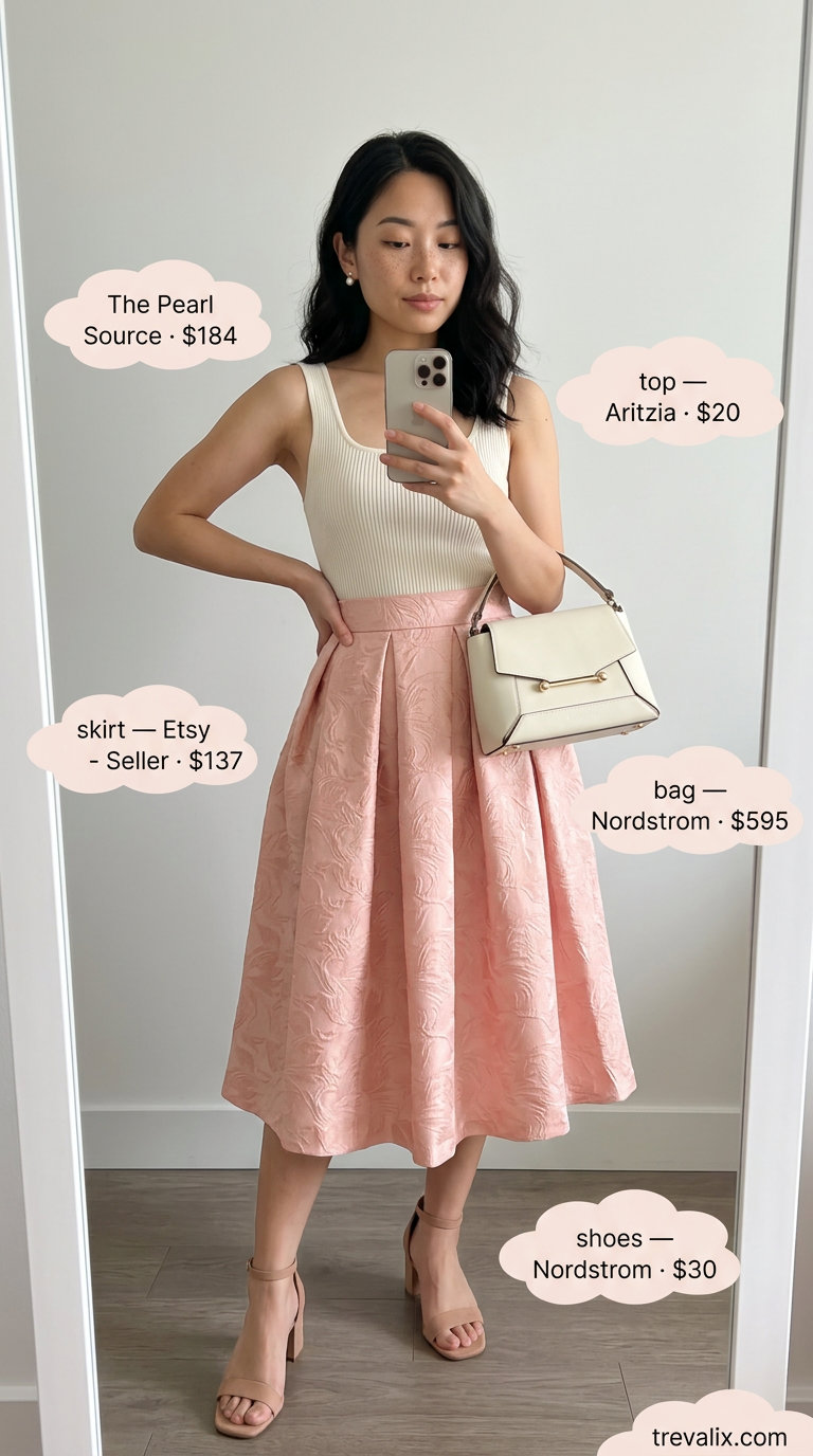 Garden party outfit with blush pink square neck top and A-line midi skirt, perfect for summer events 2026.