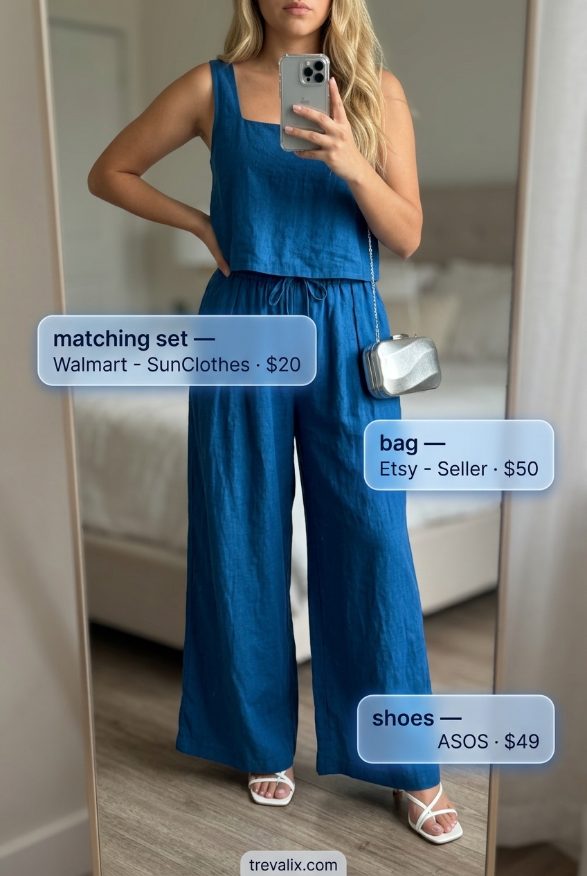 Soft blue linen square neck crop top and wide-leg pants set for modern minimalist summer outfits.