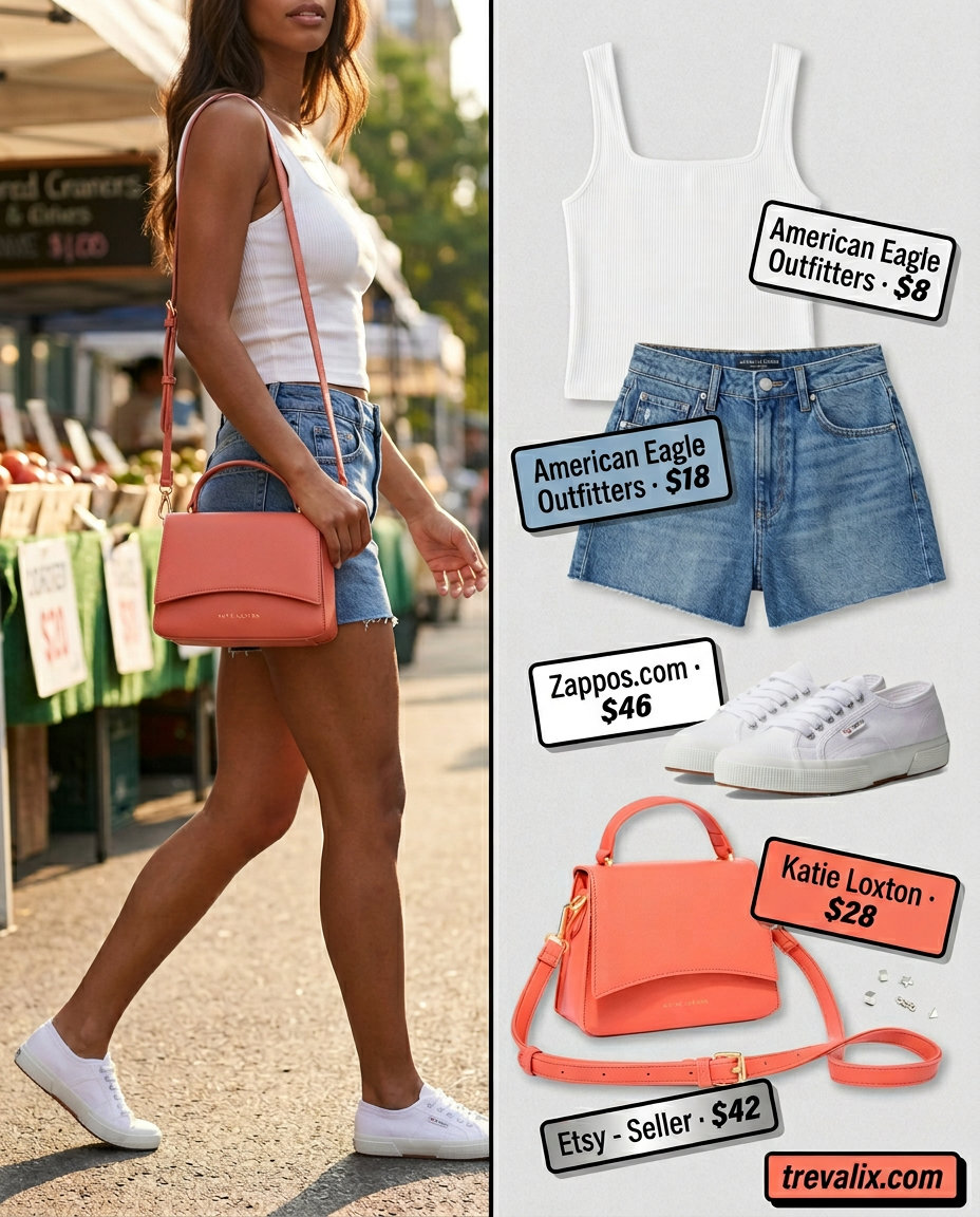 Weekend market square neck outfit: white crop top, denim shorts, coral bag, sneakers. Casual shopping style.