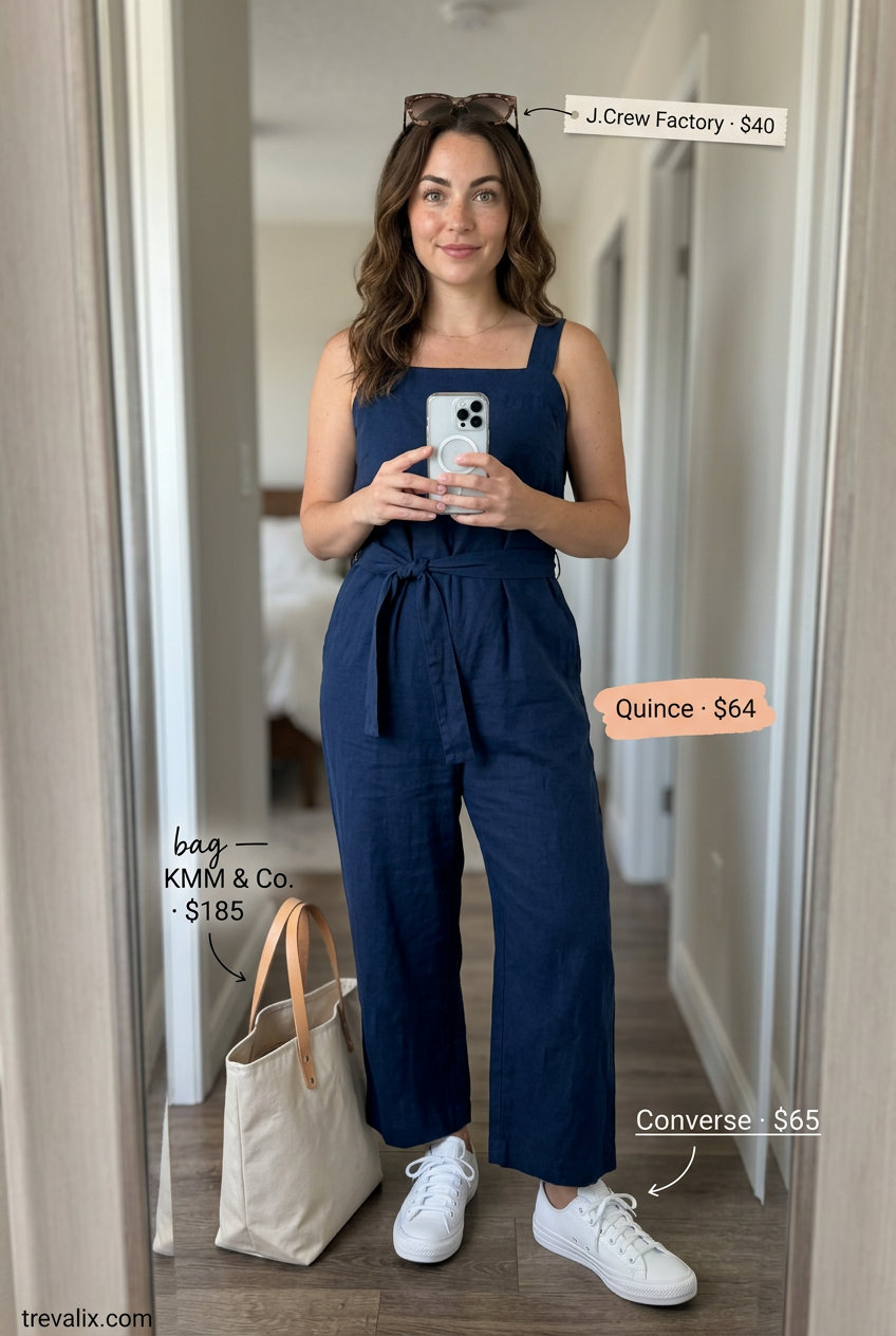 Navy blue square neck jumpsuit for women, perfect for weekend getaways and travel. Chic and practical.