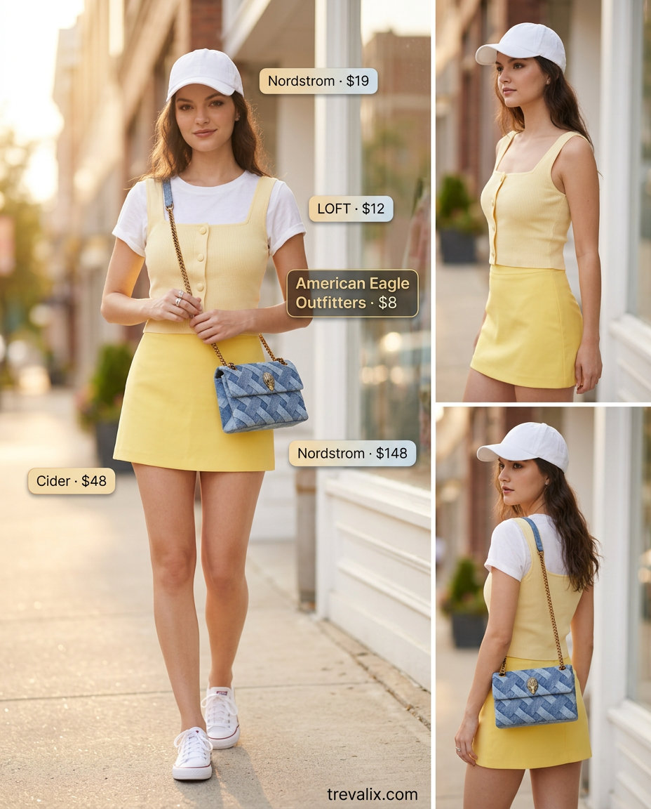 Playful summer square neck mini skirt outfit: yellow skirt, white tee, denim bag, sneakers. Perfect for day out.