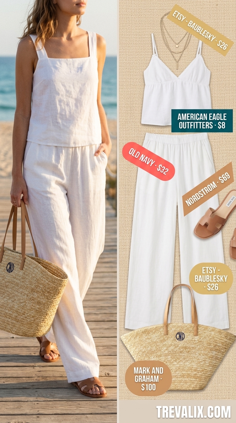 Sky blue square neck tank top with white palazzo pants for airy coastal summer outfits for women 2026.