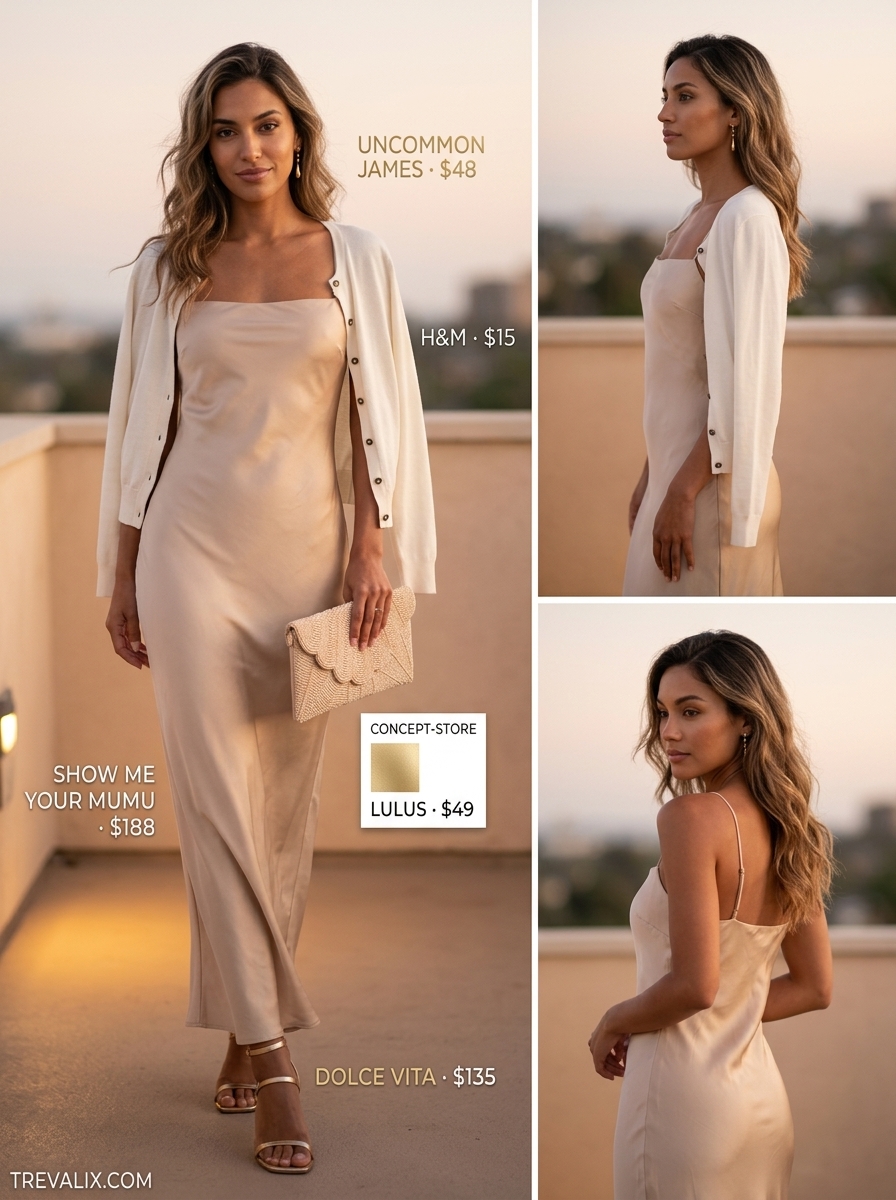 Elegant champagne slip dress with square neckline, perfect for summer dinner parties and evening events 2026.