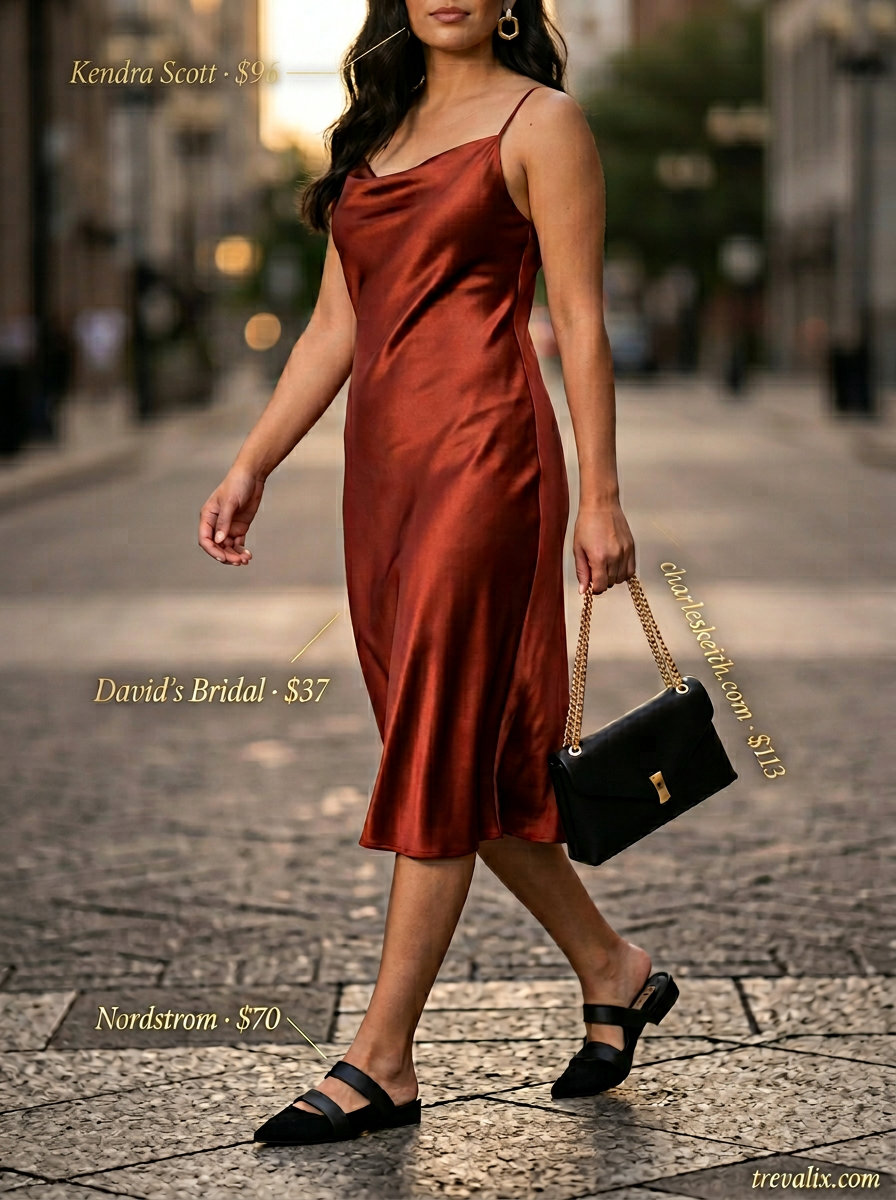 Terracotta square neck slip dress for sophisticated sunset city chic outfits for women 2026.