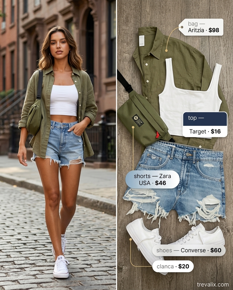 Urban explorer outfit with white square neck crop top, denim shorts, and olive green oversized shirt 2026.